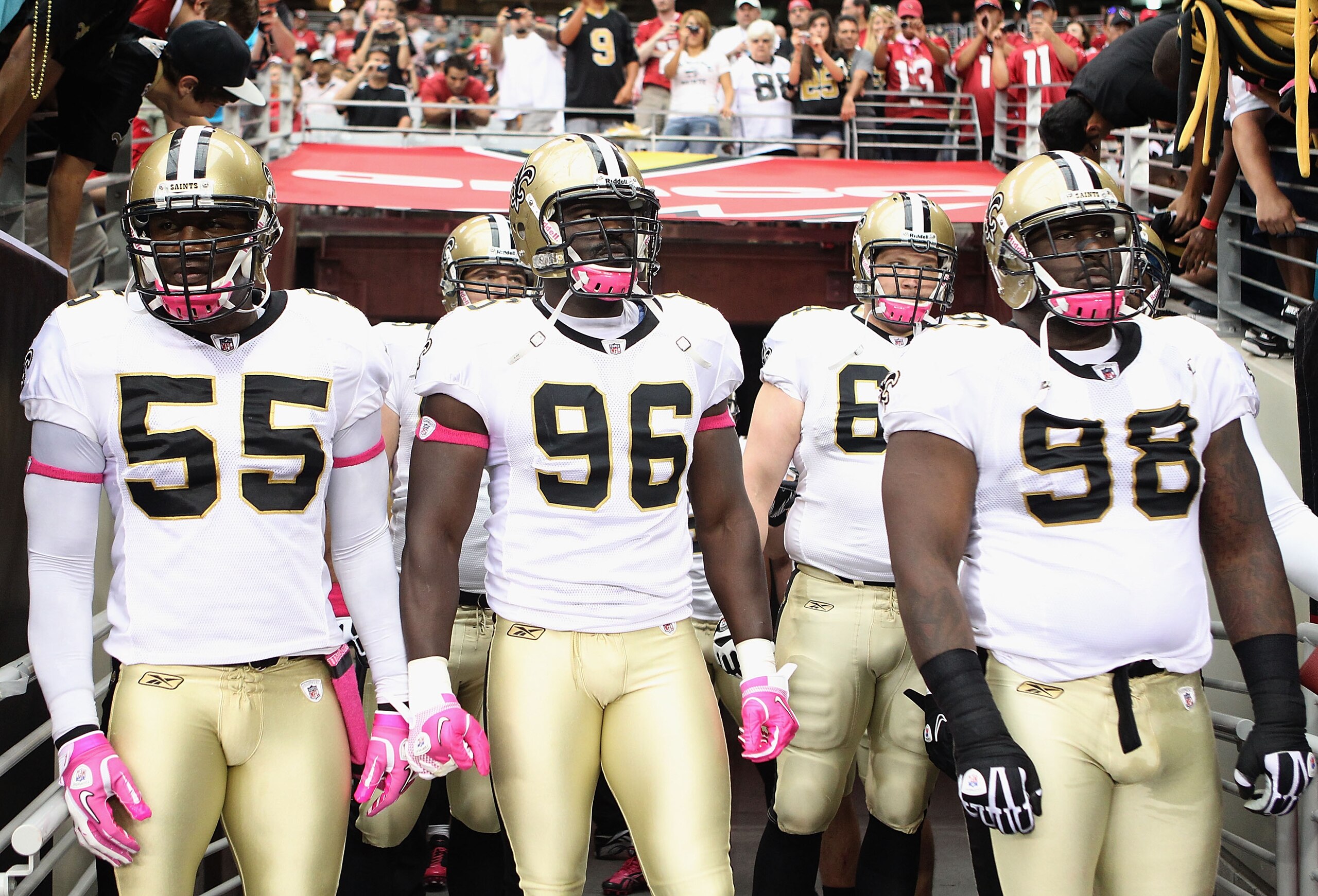 GLENDALE, AZ - OCTOBER 10: (L-R) Danny Clark #55, Alex Brown #96 and Sedrick Ellis #98 of the New Orleans Saints before the NFL game against the Arizona Cardinals at the University of Phoenix Stadium on October 10, 2010 in Glendale, Arizona. (Photo by C GLENDALE, AZ - OCTOBER 10: (L-R) Danny Clark #55, Alex Brown #96 and Sedrick Ellis #98 of the New Orleans Saints before the NFL game against the Arizona Cardinals at the University of Phoenix Stadium on October 10, 2010 in Glendale, Arizona. (Photo by C