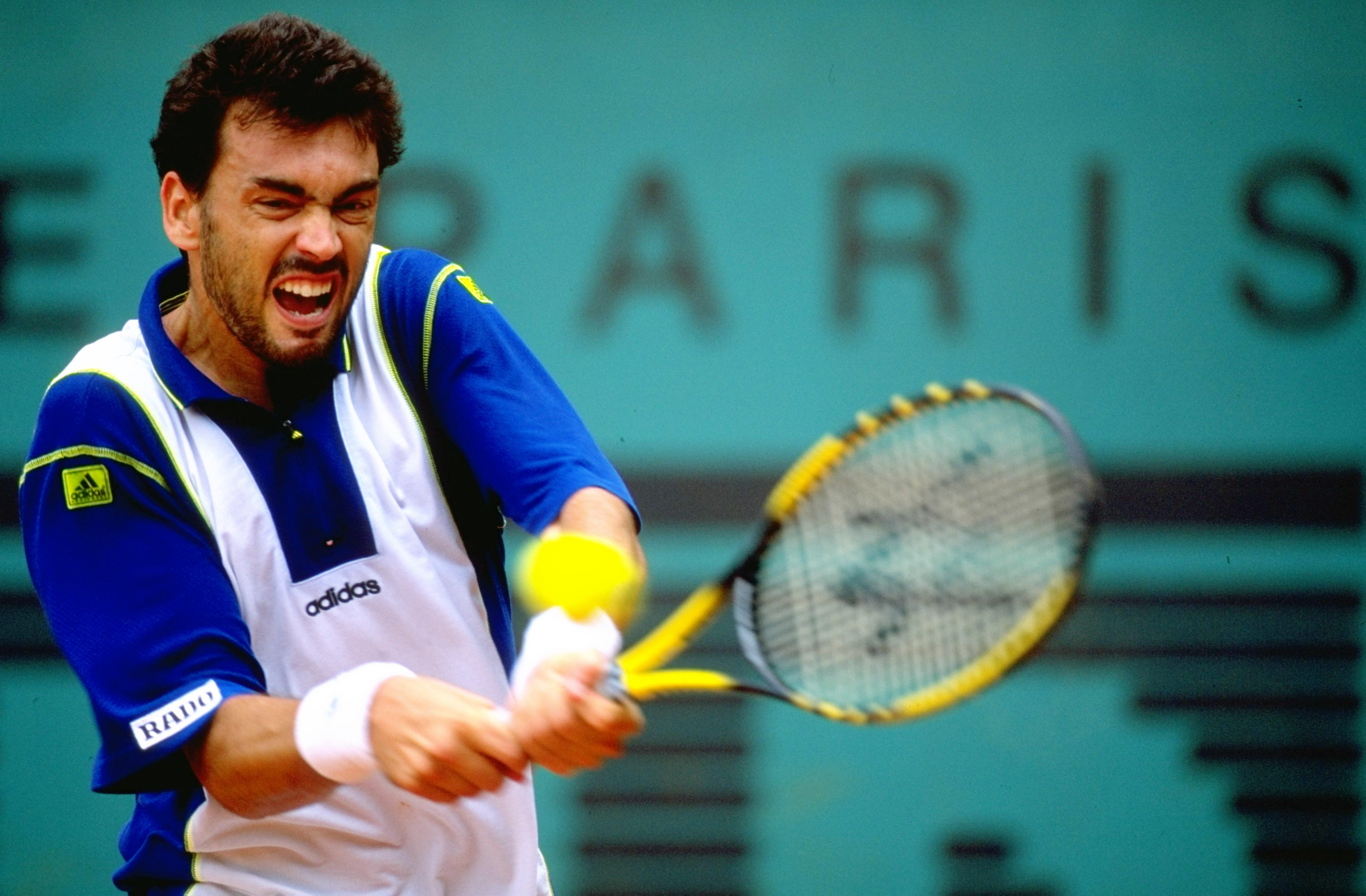 26 May 1998:  Sergi Bruguera of Spain plays a backhand during the 1998 French Open played at Roland Garros, Paris, France. \ Mandatory Credit: Clive Brunskill /Allsport