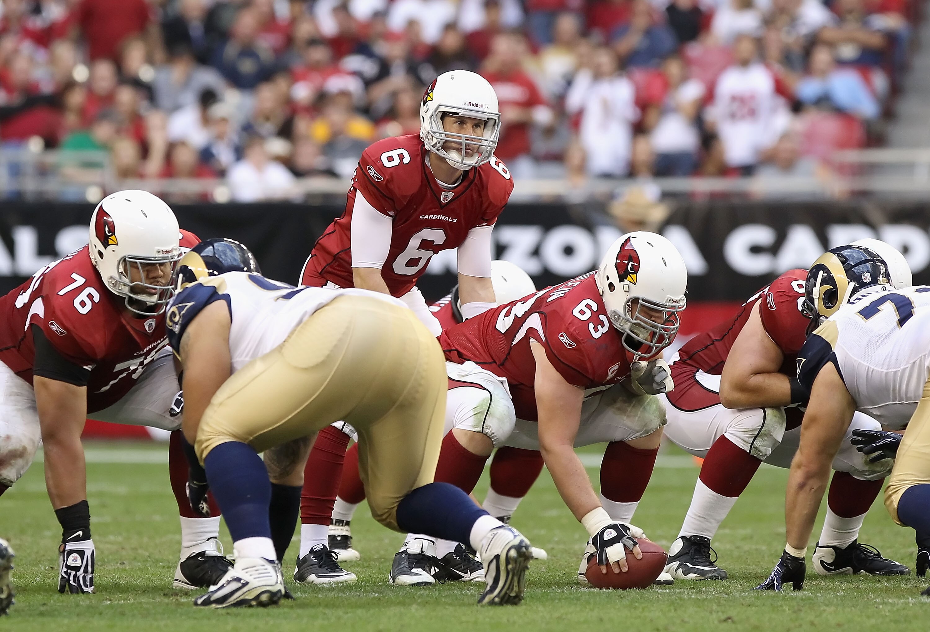 GLENDALE, AZ - DECEMBER 05:  Quarterback Max Hall #6 of the Arizona Cardinals prepares to snap the football during the NFL game against the St. Louis Rams at the University of Phoenix Stadium on December 5, 2010 in Glendale, Arizona.  The Rams defeated th