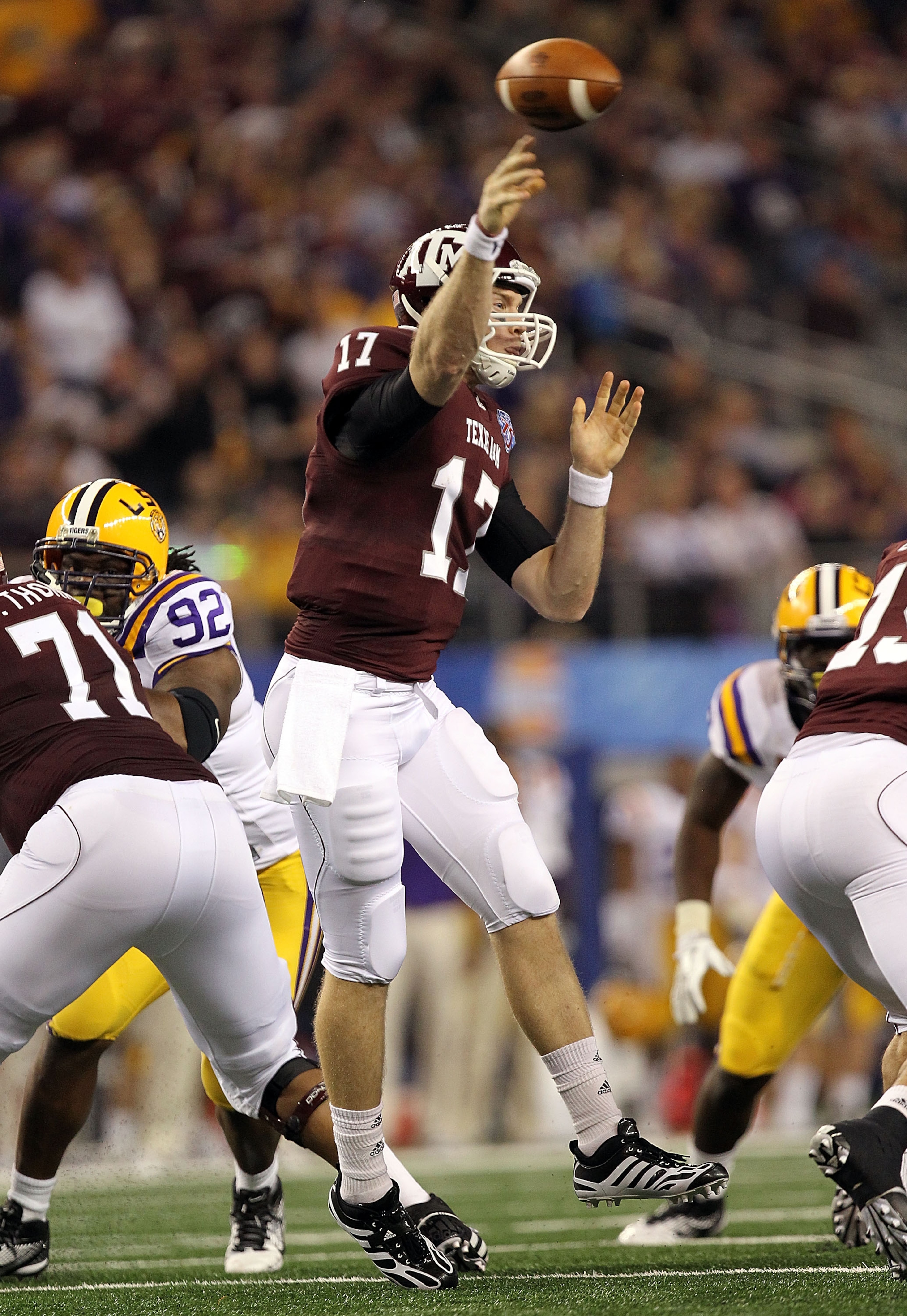 ARLINGTON, TX - JANUARY 07: Quarterback Ryan Tannehill #17 of the Texas A&M Aggies throws against the LSU Tigers during the AT&T Cotton Bowl at Cowboys Stadium on January 7, 2011 in Arlington, Texas. (Photo by Ronald Martinez/Getty Images) ARLINGTON, TX - JANUARY 07: Quarterback Ryan Tannehill #17 of the Texas A&M Aggies throws against the LSU Tigers during the AT&T Cotton Bowl at Cowboys Stadium on January 7, 2011 in Arlington, Texas. (Photo by Ronald Martinez/Getty Images)