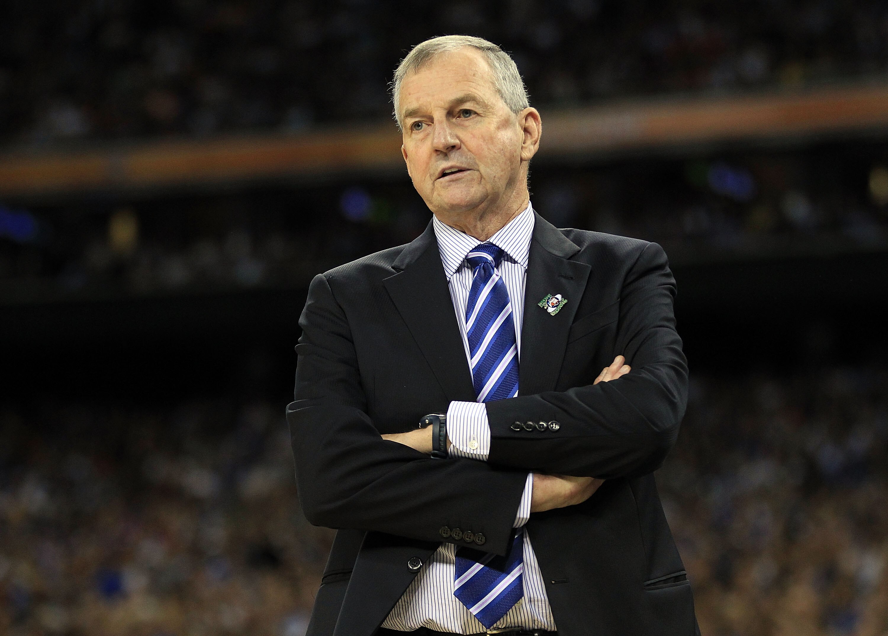 HOUSTON, TX - APRIL 04:  Head coach Jim Calhoun of the Connecticut Huskies looks on from the sidelines against the Butler Bulldogs during the National Championship Game of the 2011 NCAA Division I Men's Basketball Tournament at Reliant Stadium on April 4,