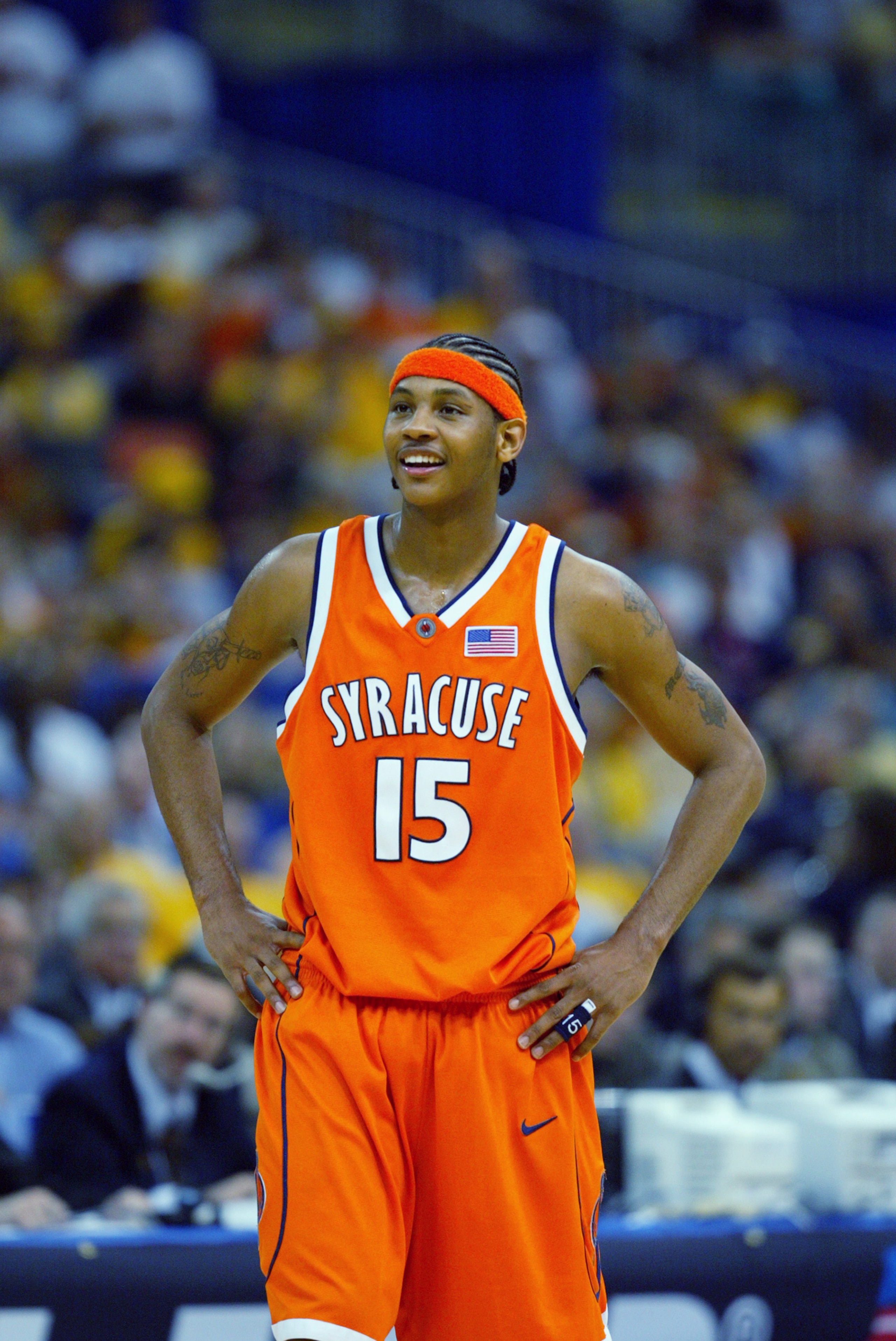 NEW ORLEANS - APRIL 5: Carmelo Anthony #15 of the Syracuse University Orangeman smiles during the semifinal round of the NCAA Final Four Tournament against the University of Texas at Austin Longhorns at the Louisiana Superdome on April 5, 2003 in New Orl NEW ORLEANS - APRIL 5: Carmelo Anthony #15 of the Syracuse University Orangeman smiles during the semifinal round of the NCAA Final Four Tournament against the University of Texas at Austin Longhorns at the Louisiana Superdome on April 5, 2003 in New Orl