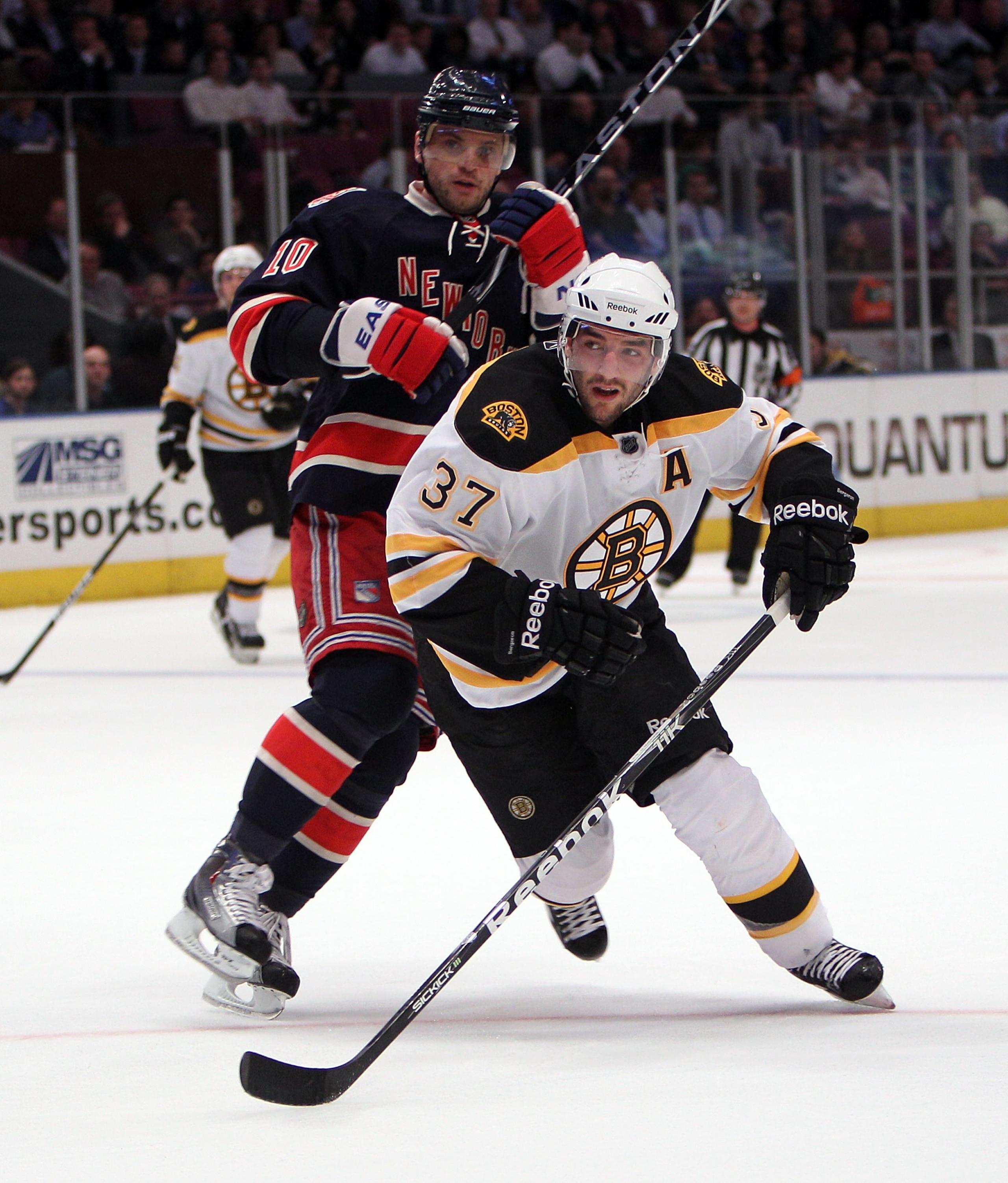 NEW YORK, NY - APRIL 04:  Patrice Bergeron #37 of the Boston Bruins skates against the New York Rangers at Madison Square Garden on April 4, 2011 in New York City. The Rangers defeated the Bruins 5-3.  (Photo by Bruce Bennett/Getty Images)