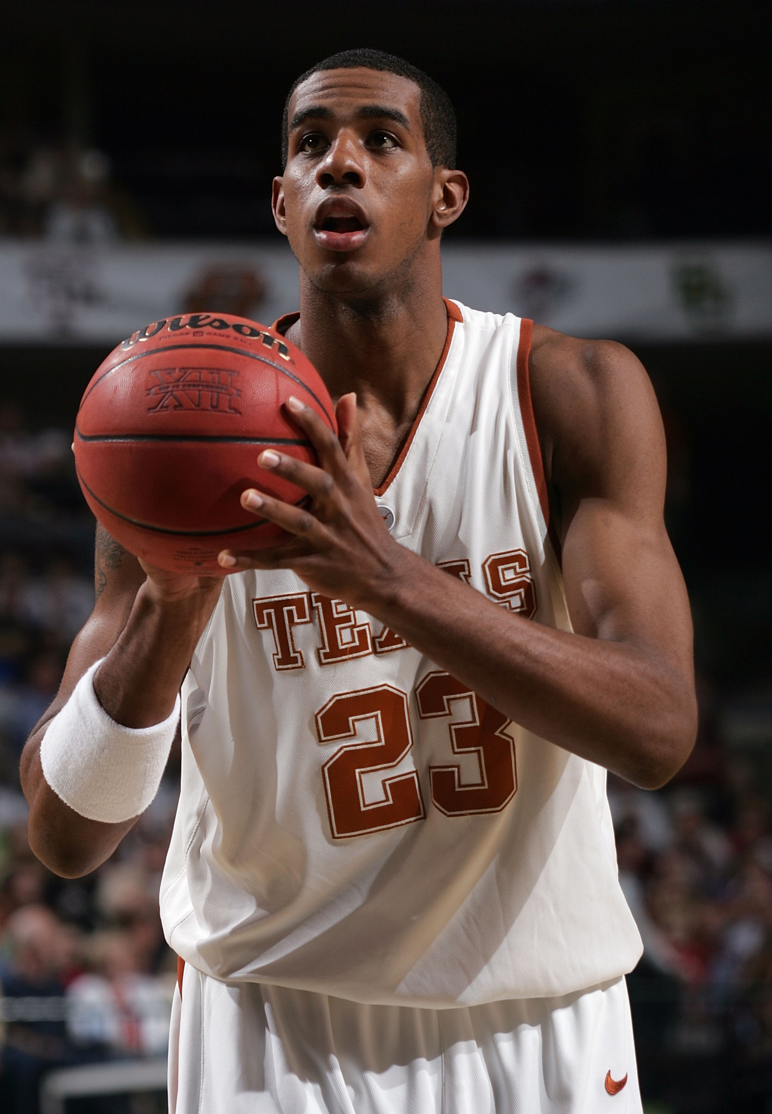 DALLAS - MARCH 11: LaMarcus Aldridge #23 of the Texas Longhorns sets up for a free throw against the Texas A&M Aggies in the semifinals round of the Phillips 66 Big 12 Men's Basketball Championship Tournament at American Airlines Arena on March 11, 2006 DALLAS - MARCH 11: LaMarcus Aldridge #23 of the Texas Longhorns sets up for a free throw against the Texas A&M Aggies in the semifinals round of the Phillips 66 Big 12 Men's Basketball Championship Tournament at American Airlines Arena on March 11, 2006