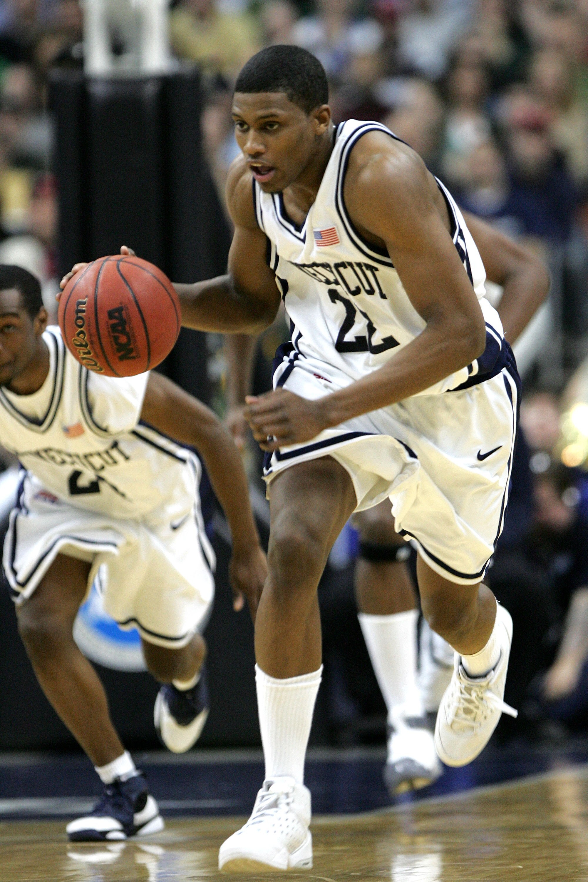 WASHINGTON - MARCH 26:  Rudy Gay #22 of the Connecticut Huskies brings the ball down the court against the George Mason Patriots during the Regional Finals of the NCAA Men's Basketball Tournament on March 26, 2006 at the Verizon Center in Washington DC.