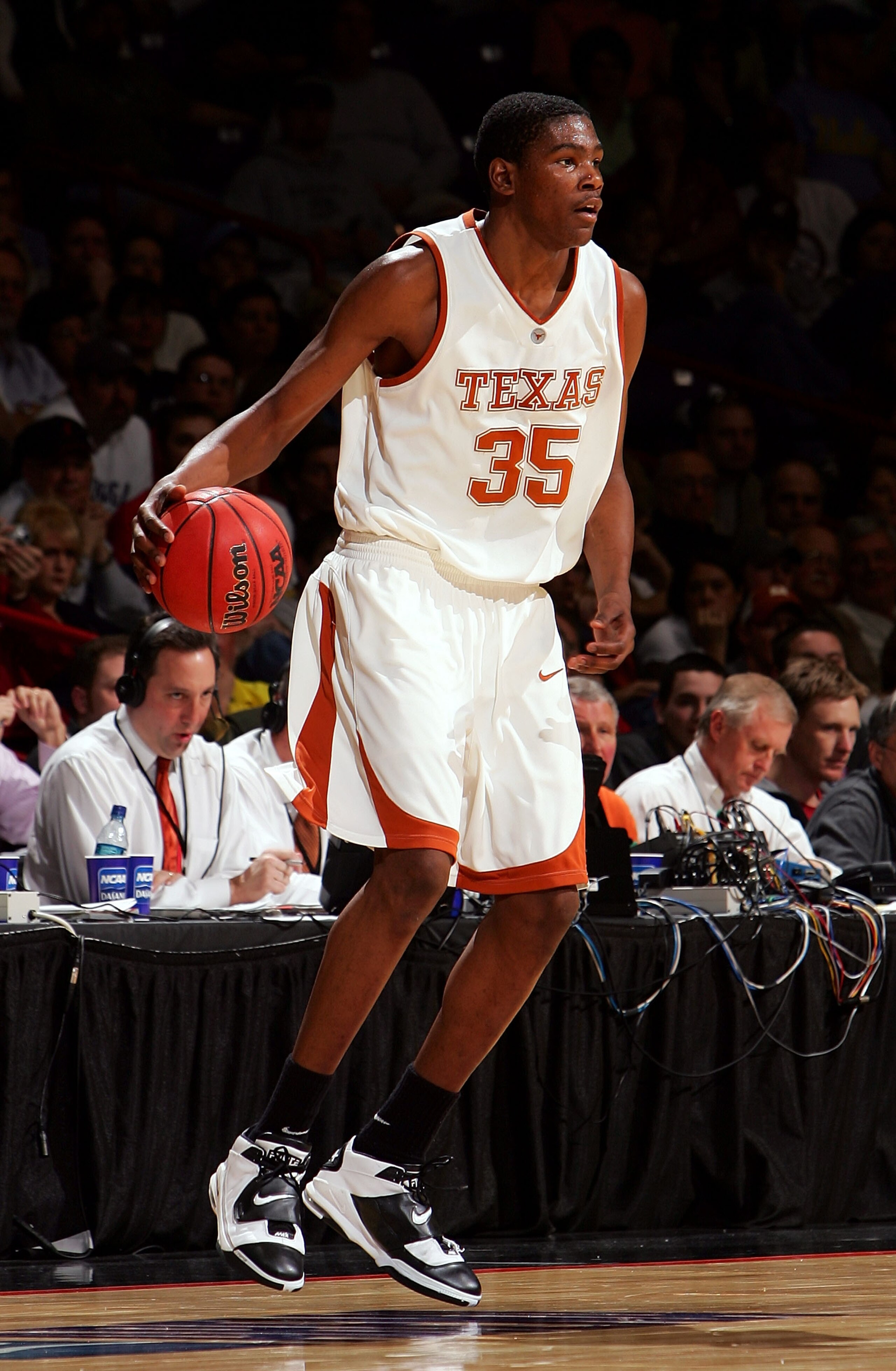 SPOKANE, WA - MARCH 18: Kevin Durant #35 of the Texas Longhorns dribbles the ball during the second round of the NCAA Men's Basketball Tournament against the USC Trojans at Spokane Memorial Arena on March 18, 2007 in Spokane, Washington. The Trojans def SPOKANE, WA - MARCH 18: Kevin Durant #35 of the Texas Longhorns dribbles the ball during the second round of the NCAA Men's Basketball Tournament against the USC Trojans at Spokane Memorial Arena on March 18, 2007 in Spokane, Washington. The Trojans def