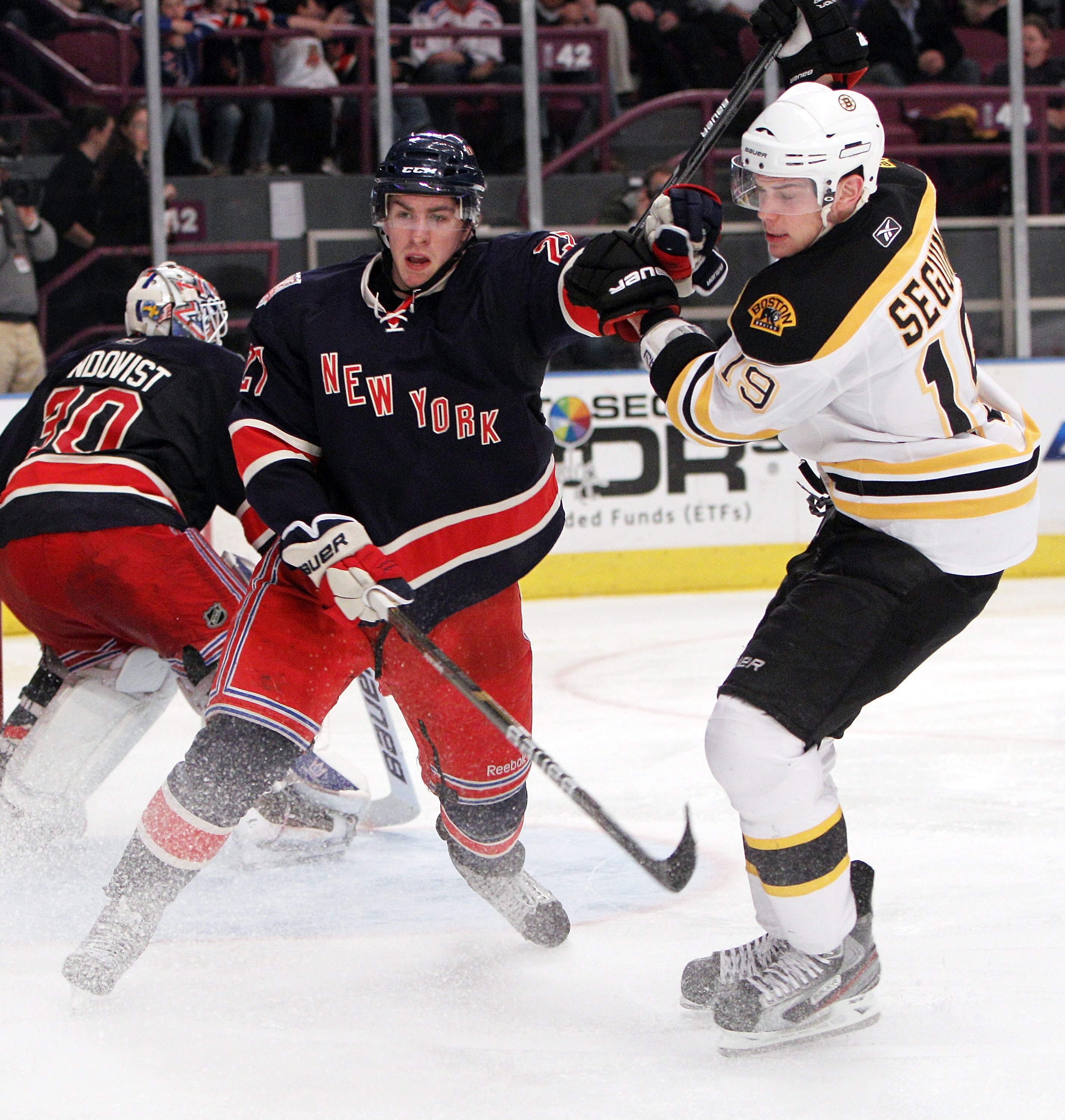 NEW YORK, NY - APRIL 04: Ryan McDonagh #27 of the New York Rangers checks Tyler Seguin #19 of the Boston Bruins at Madison Square Garden on April 4, 2011 in New York City. The Rangers defeated the Bruins 5-3.  (Photo by Bruce Bennett/Getty Images)
