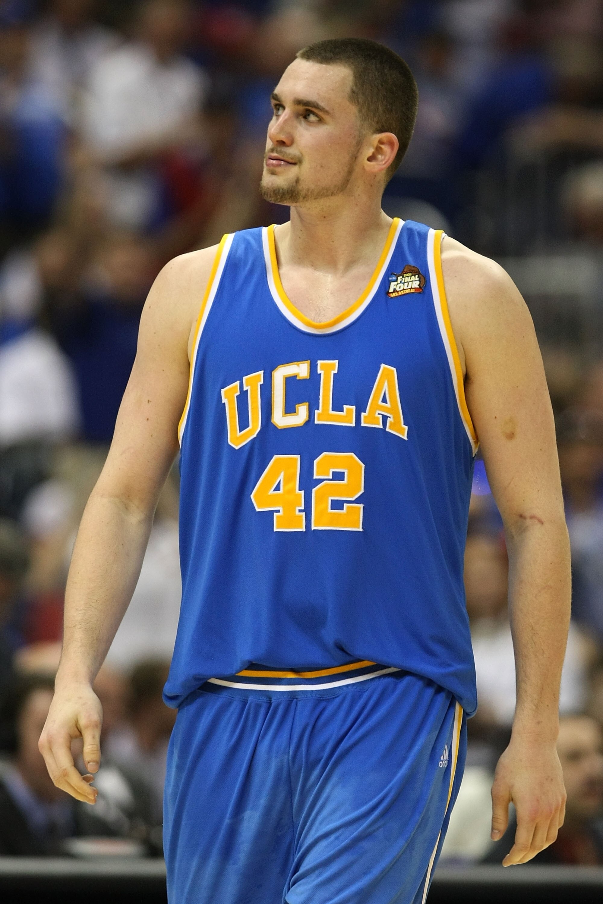 SAN ANTONIO - APRIL 05:  Kevin Love #42 of the UCLA Bruins reacts while playing the Memphis Tigers during the National Semifinal game of the NCAA Men's Final Four at the Alamodome on April 5, 2008 in San Antonio, Texas.  (Photo by Jed Jacobsohn/Getty Imag