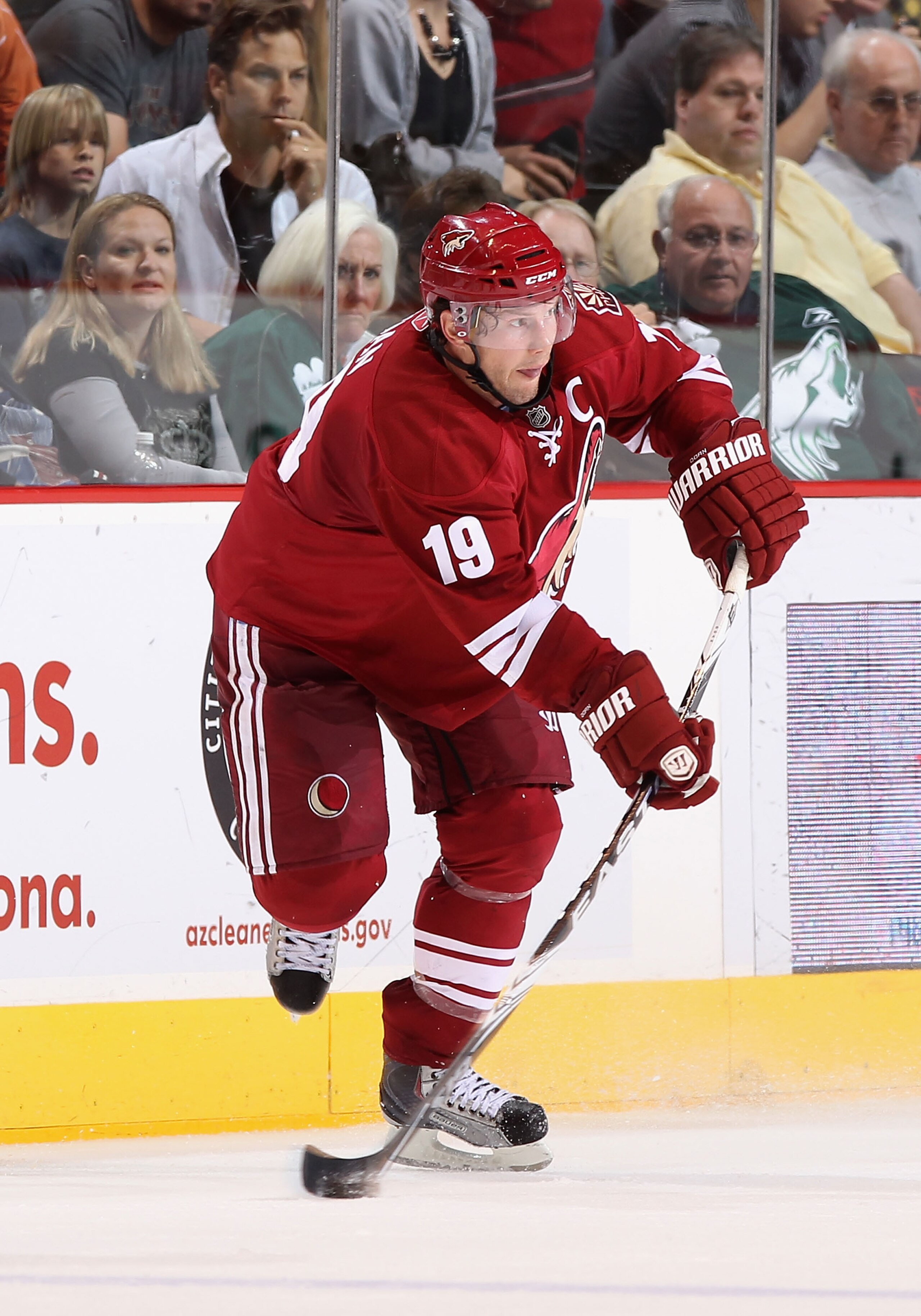 GLENDALE, AZ - APRIL 01:  Shane Doan #19 of the Phoenix Coyotes skates with the puck during the NHL game against he Colorado Avalanche at Jobing.com Arena on April 1, 2011 in Glendale, Arizona.  The Avalanche defeated the Coyotes 4-3 in an overtime shoot