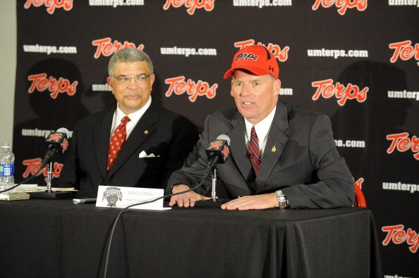 COLLEGE PARK, MD - JANUARY 3:  Randy Edsall speaks as he is introduced as the University of Maryland Terps new head football coach as Athletic Director Kevin Anderson (L) of the University of Maryland looks on during a press conference on January 3, 2011