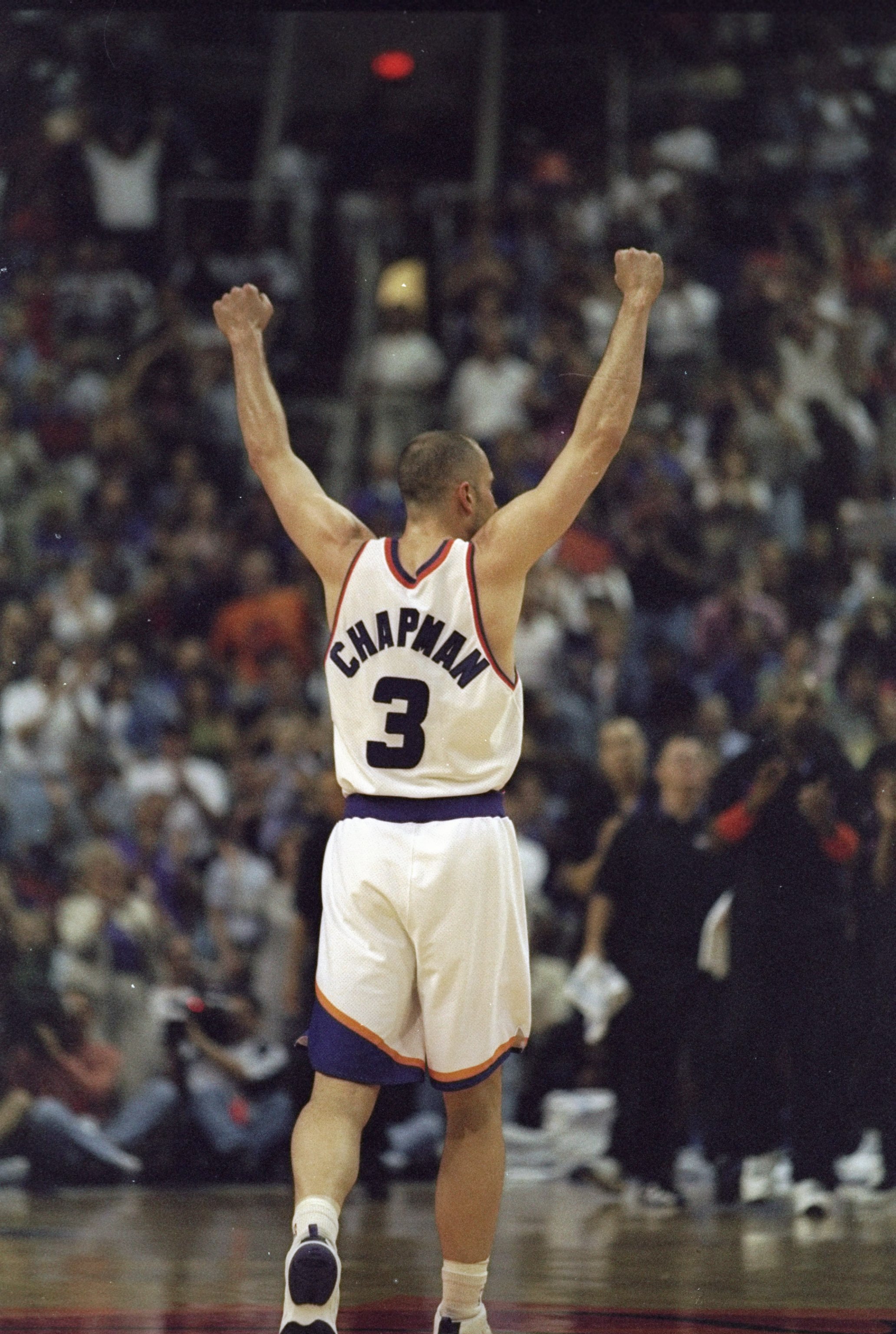 25 Apr 1998: Rex Chapman #3 of the Phoenix Suns with his arms in the air during the Western Conference Playoffs Round 1 game against the San Antonio Spurs at the America West Arena in Phoenix, Arizona. The Suns defeated the Spurs 83-71.