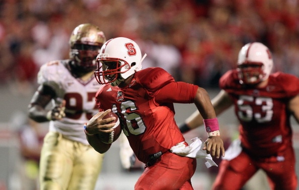 RALEIGH, NC - OCTOBER 28:  Russell Wilson #16 of the North Carolina State Wolfpack runs with the ball against the Florida State Seminoles during their game at Carter-Finley Stadium on October 28, 2010 in Raleigh, North Carolina.  (Photo by Streeter Lecka/