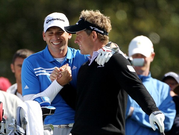 AUGUSTA, GA - APRIL 05:  Sergio Garcia of Spain and Luke Donald of England share a laugh during a practice round prior to the 2011 Masters Tournament at Augusta National Golf Club on April 5, 2011 in Augusta, Georgia.  (Photo by Jamie Squire/Getty Images)