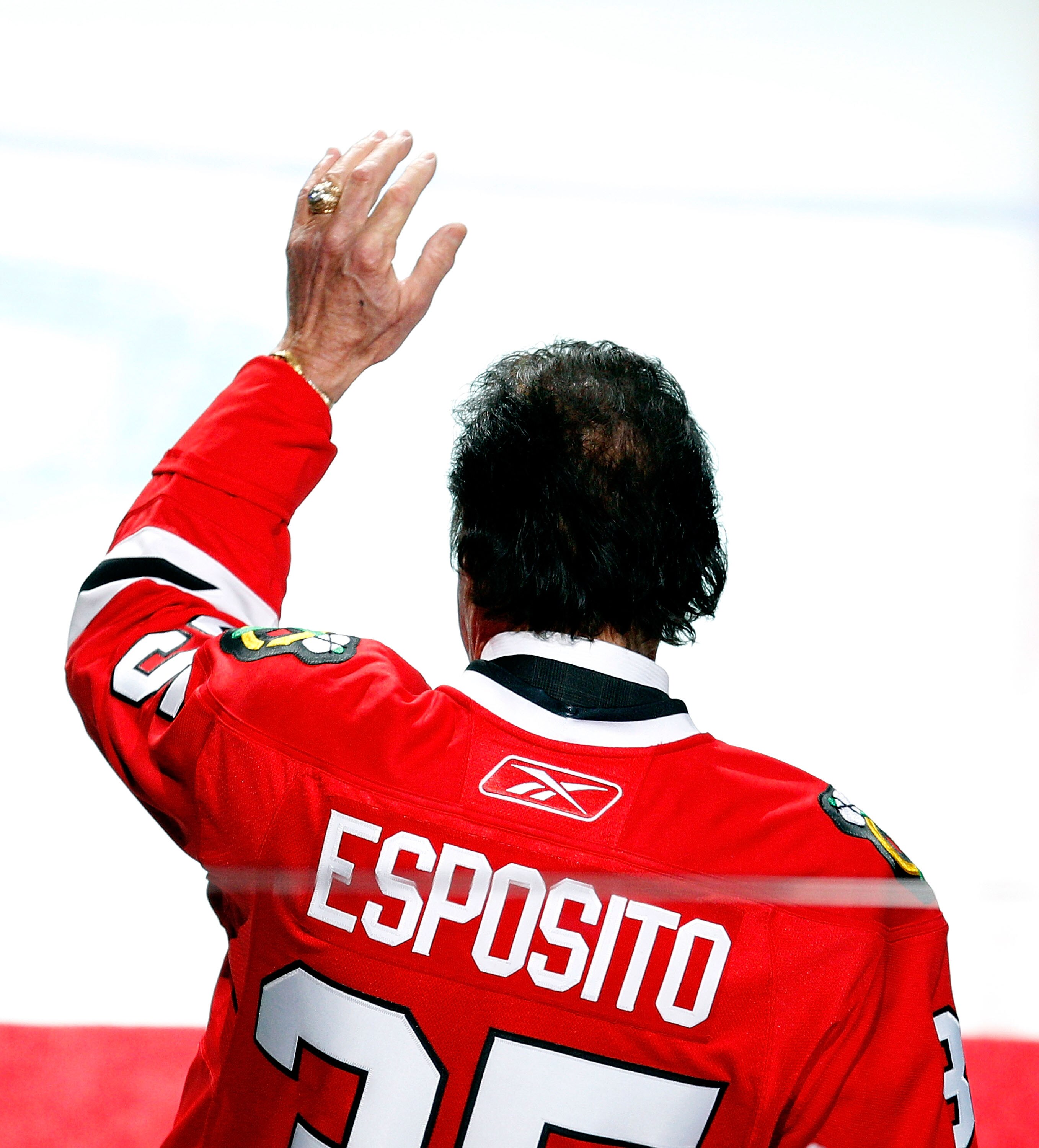 CHICAGO - FEBRUARY 10: Former Chicago Blackhawk Tony Esposito waves to the crowd before a game between the Blackhawks and the Dallas Stars at the United Center on February 9, 2010 in Chicago, Illinois. (Photo by Jonathan Daniel/Getty Images)