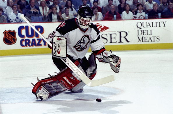 29 May 1999: Goalie Dominik Hasek #39 of the Buffalo Sabres stops the puck during the game against the Toronto Maple Leafs at the Marine Midland Arena in Buffalo, New York. The Sabres defeated the Maple Leavs 5-2. Mandatory Credit: Elsa Hasch  /Allsport