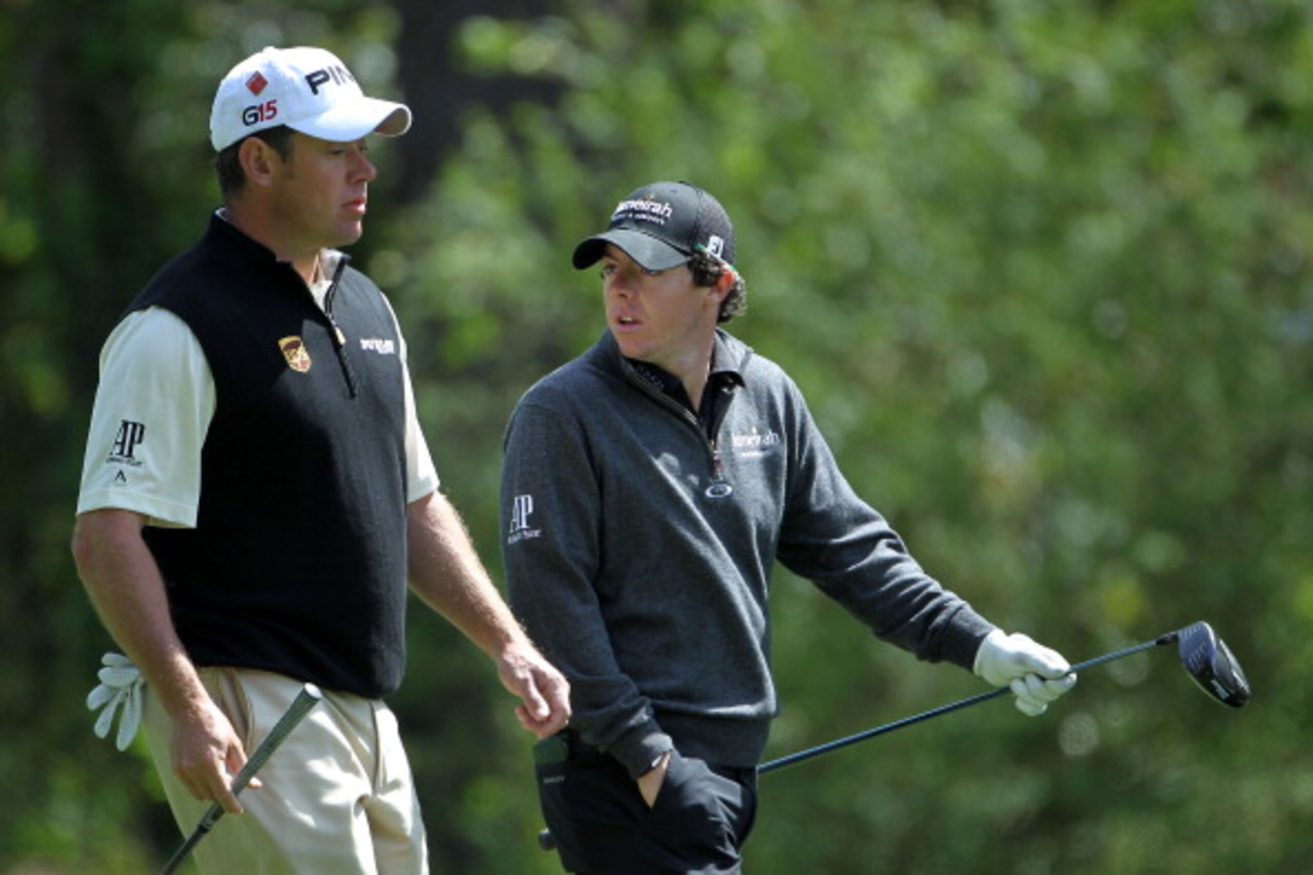 AUGUSTA, GA - APRIL 05:  Lee Westwood of England (L) walks alongside Rory McIlroy of Northern Ireland down a fairway during a practice round prior to the 2011 Masters Tournament at Augusta National Golf Club on April 5, 2011 in Augusta, Georgia.  (Photo b