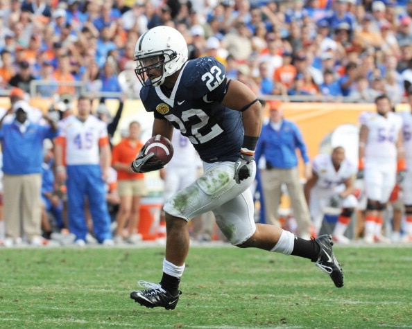 TAMPA, FL - JANUARY 1:  Running back Evan Royster #22 of the Penn State Nittany Lions rushes upfield against the Florida Gators January 1, 2011 in the 25th Outback Bowl at Raymond James Stadium in Tampa, Florida.  (Photo by Al Messerschmidt/Getty Images)