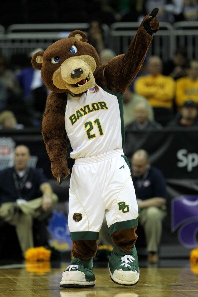 KANSAS CITY, MO - MARCH 09:  Baylor Bears mascot Bruiser performs during their game against the Oklahoma Sooners in the first round of the 2011 Phillips 66 Big 12 Men's Basketball Tournament at Sprint Center on March 9, 2011 in Kansas City, Missouri.  (Ph
