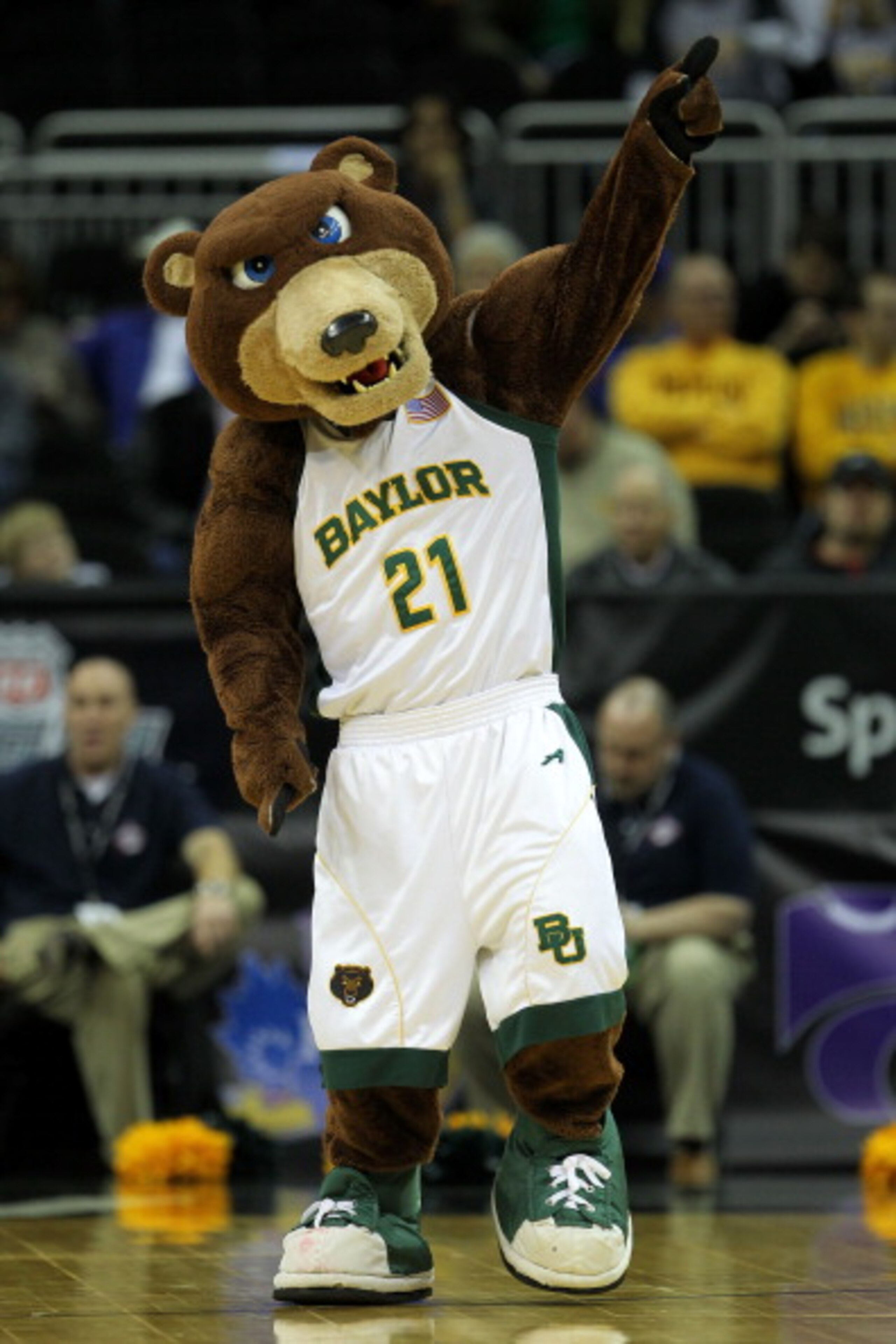 KANSAS CITY, MO - MARCH 09:  Baylor Bears mascot Bruiser performs during their game against the Oklahoma Sooners in the first round of the 2011 Phillips 66 Big 12 Men's Basketball Tournament at Sprint Center on March 9, 2011 in Kansas City, Missouri.  (Ph