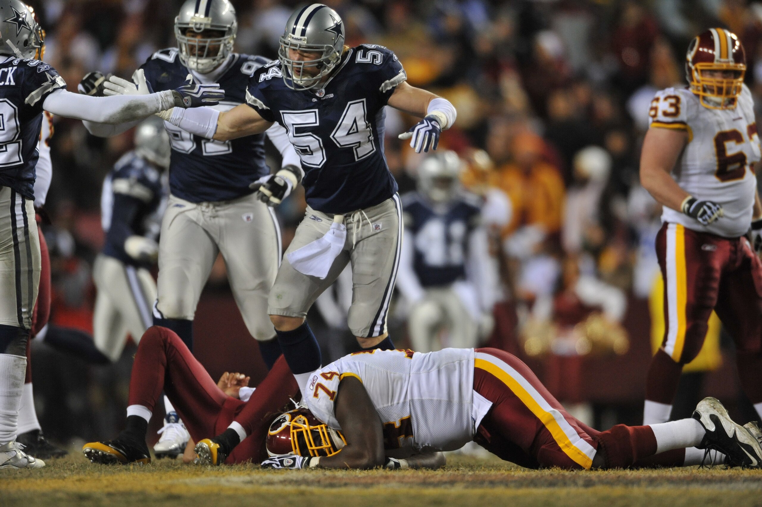 LANDOVER, MD - DECEMBER 27: Bobby Carpenter #54 of the Dallas Cowboys defends against the Washington Redskins at FedExField on December 27, 2009 in Landover, Maryland. The Cowboys defeated the Redskins 17-0. (Photo by Larry French/Getty Images) LANDOVER, MD - DECEMBER 27: Bobby Carpenter #54 of the Dallas Cowboys defends against the Washington Redskins at FedExField on December 27, 2009 in Landover, Maryland. The Cowboys defeated the Redskins 17-0. (Photo by Larry French/Getty Images)