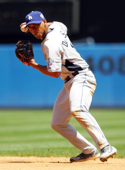 NEW YORK - JULY 13: Ivan DeJesus of the  Los Angeles Dodgers playing for the World Futures Team during the 2008 XM All-Star Futures Game at Yankee Stadium on July 13, 2008 in the Bronx borough of New York City.  (Photo by Jim McIsaac/Getty Images)