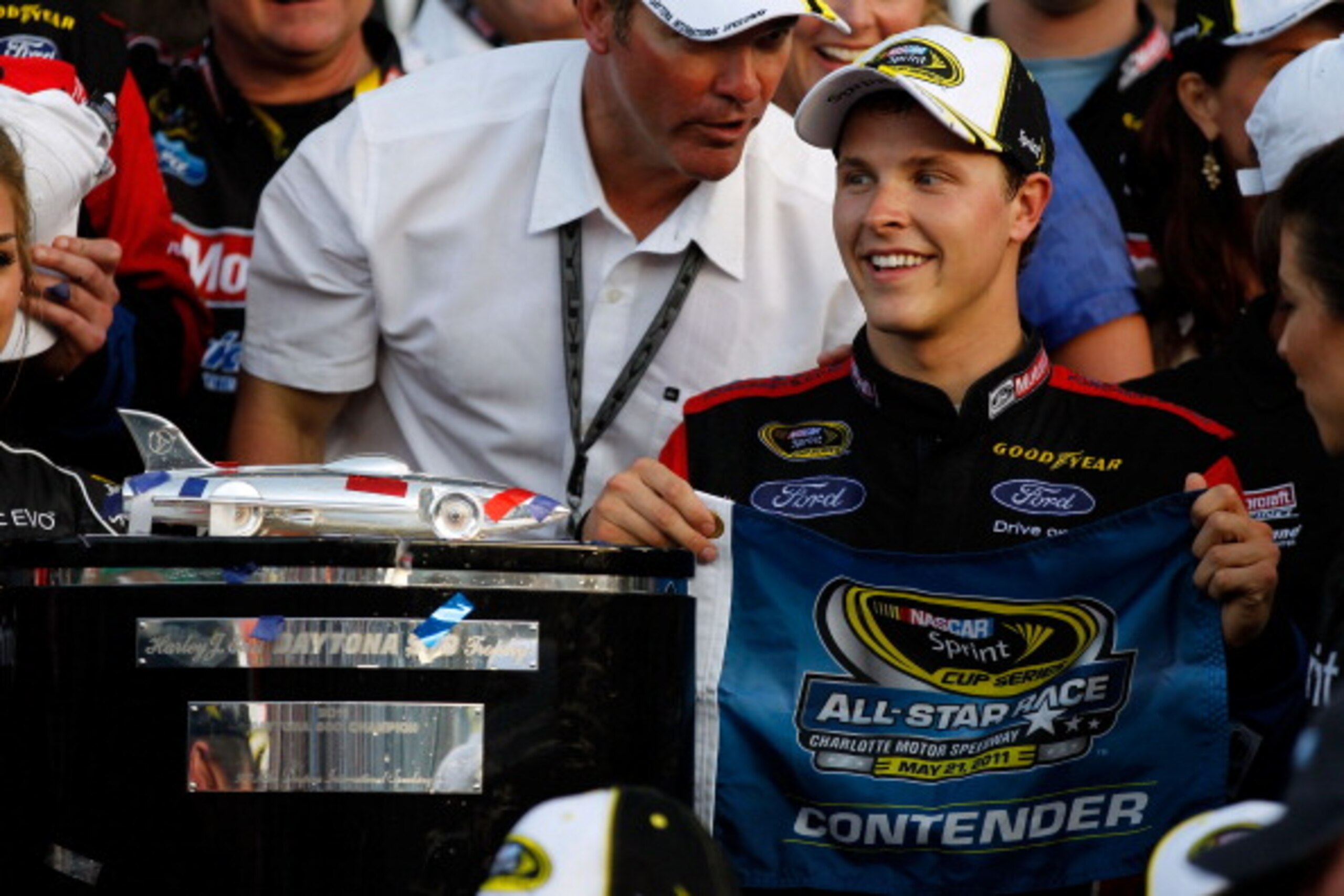 DAYTONA BEACH, FL - FEBRUARY 20:  Trevor Bayne, driver of the #21 Motorcraft/Quick Lane Ford, celebrates in Victory Lane after winning the NASCAR Sprint Cup Series Daytona 500 at Daytona International Speedway on February 20, 2011 in Daytona Beach, Florid
