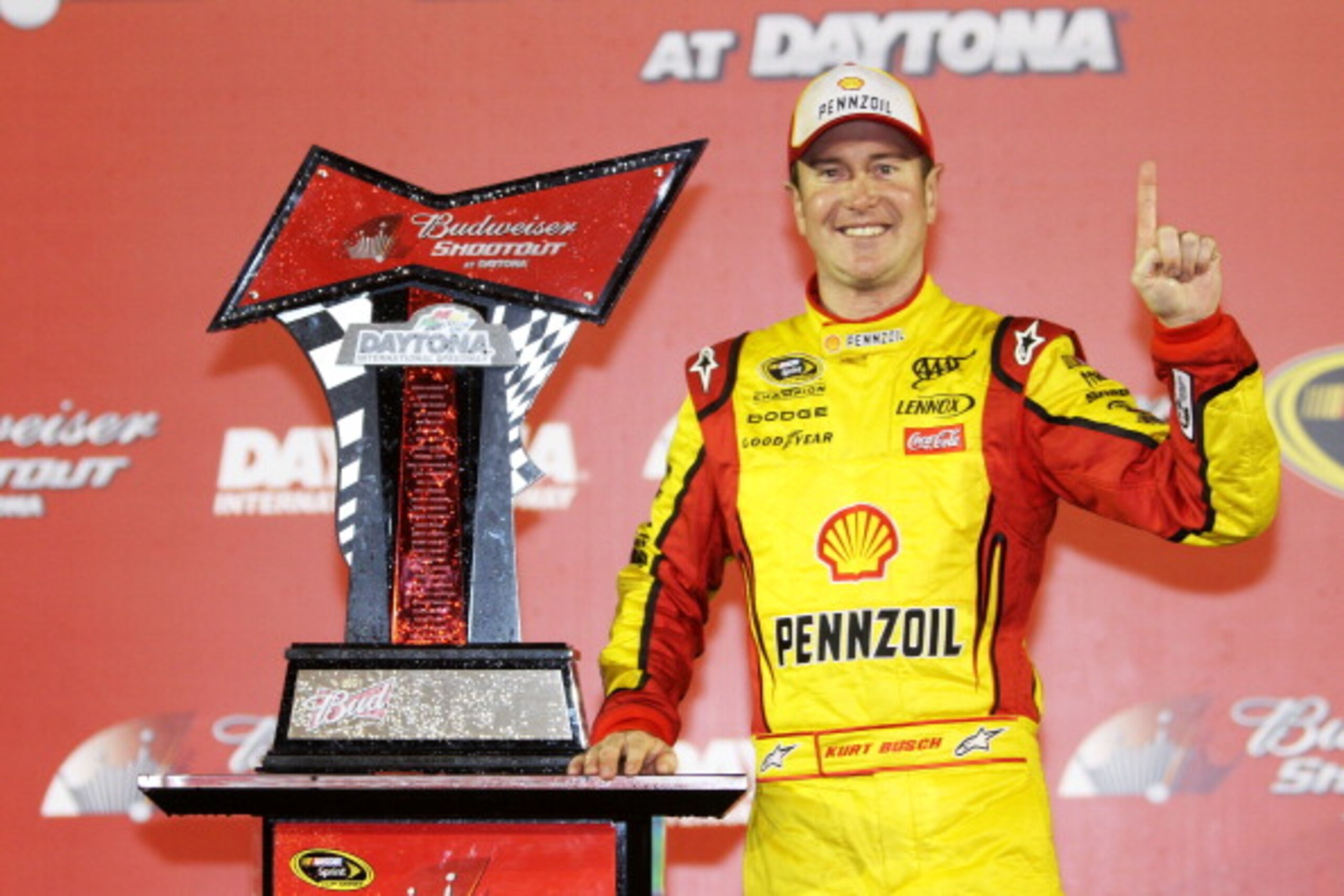 DAYTONA BEACH, FL - FEBRUARY 12:  Kurt Busch, driver of the #22 Shell/Pennzoil Dodge, poses in victory lane after winning the NASCAR Budweiser Shootout at Daytona International Speedway on February 12, 2011 in Daytona Beach, Florida.  (Photo by Jerry Mark