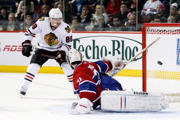 MONTREAL, CANADA - APRIL 5:  Patrick Kane #88 of the Chicago Blackhawks shoots the puck wide past Carey Price #31 of the Montreal Canadiens during the NHL game at the Bell Centre on April 5, 2011 in Montreal, Quebec, Canada.  The Canadiens defeated the Bl