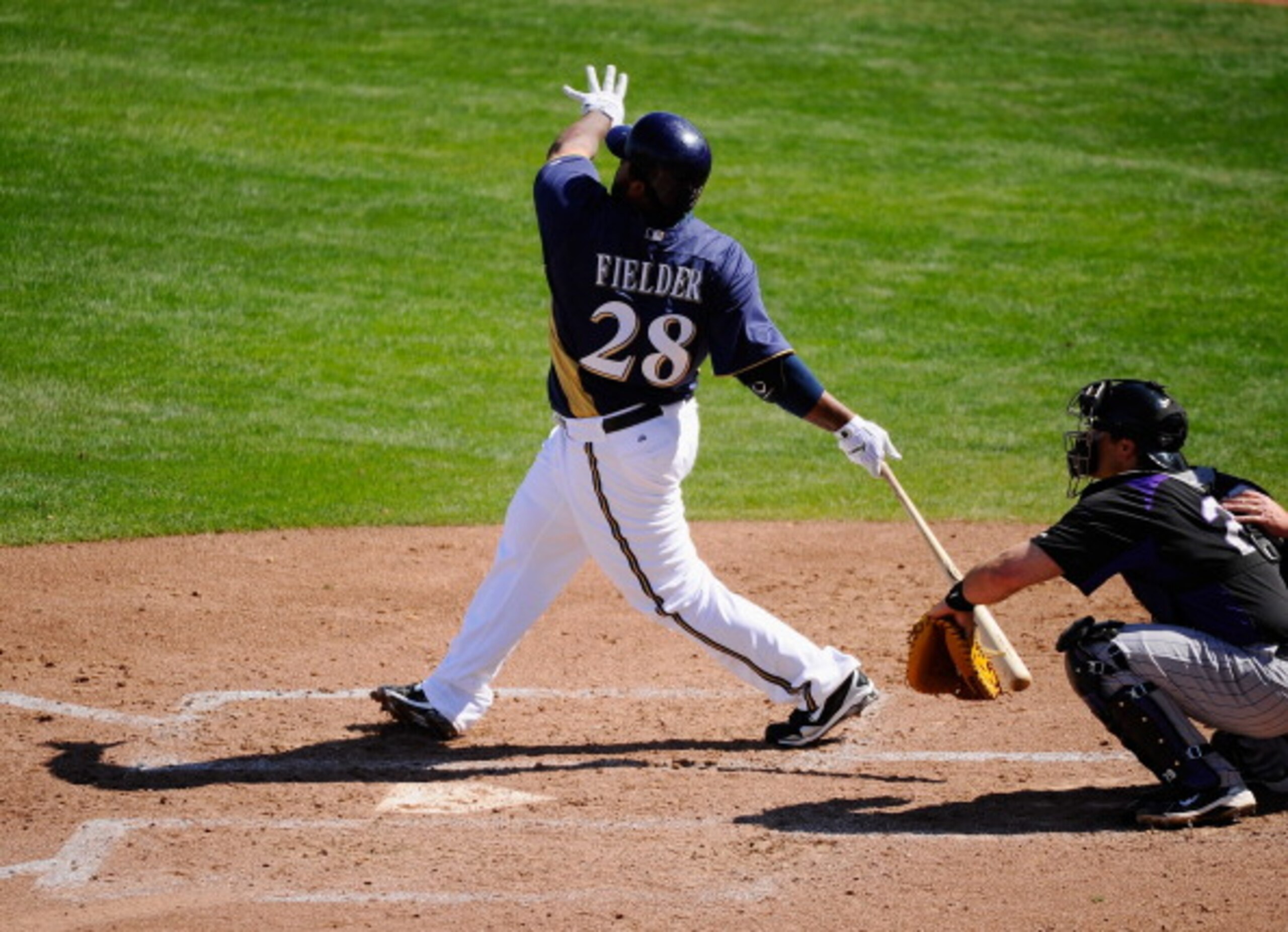 PHOENIX, AZ - MARCH 10: Prince Fielder#28 of the Milwaukee Brewers hits a base hit against the Colorado Rockies in the third inning of the spring training baseball game at Maryvale Baseball Park on March 10, 2011 in Phoenix, Arizona. (Photo by Kevork Dj PHOENIX, AZ - MARCH 10: Prince Fielder#28 of the Milwaukee Brewers hits a base hit against the Colorado Rockies in the third inning of the spring training baseball game at Maryvale Baseball Park on March 10, 2011 in Phoenix, Arizona. (Photo by Kevork Dj