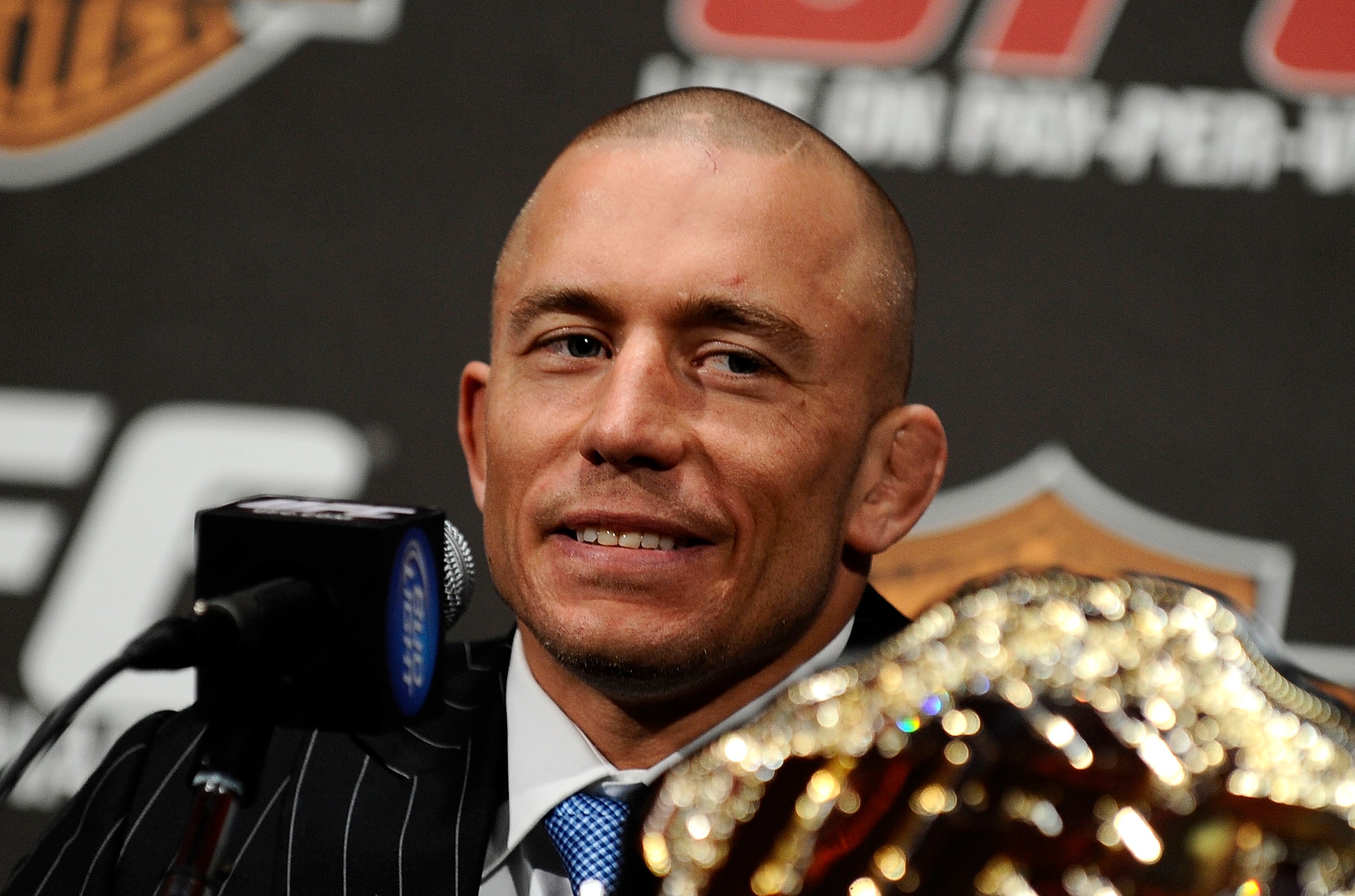 NEW YORK - MARCH 24:  Georges St-Pierre of Montreal, Quebec, Canada speaks at a press conference for UFC 111 at Radio City Music Hall on March 24, 2010 in New York City.  St-Pierre will face Dan Hardy of Nottingham UK in the Welterweight title bout. (Phot