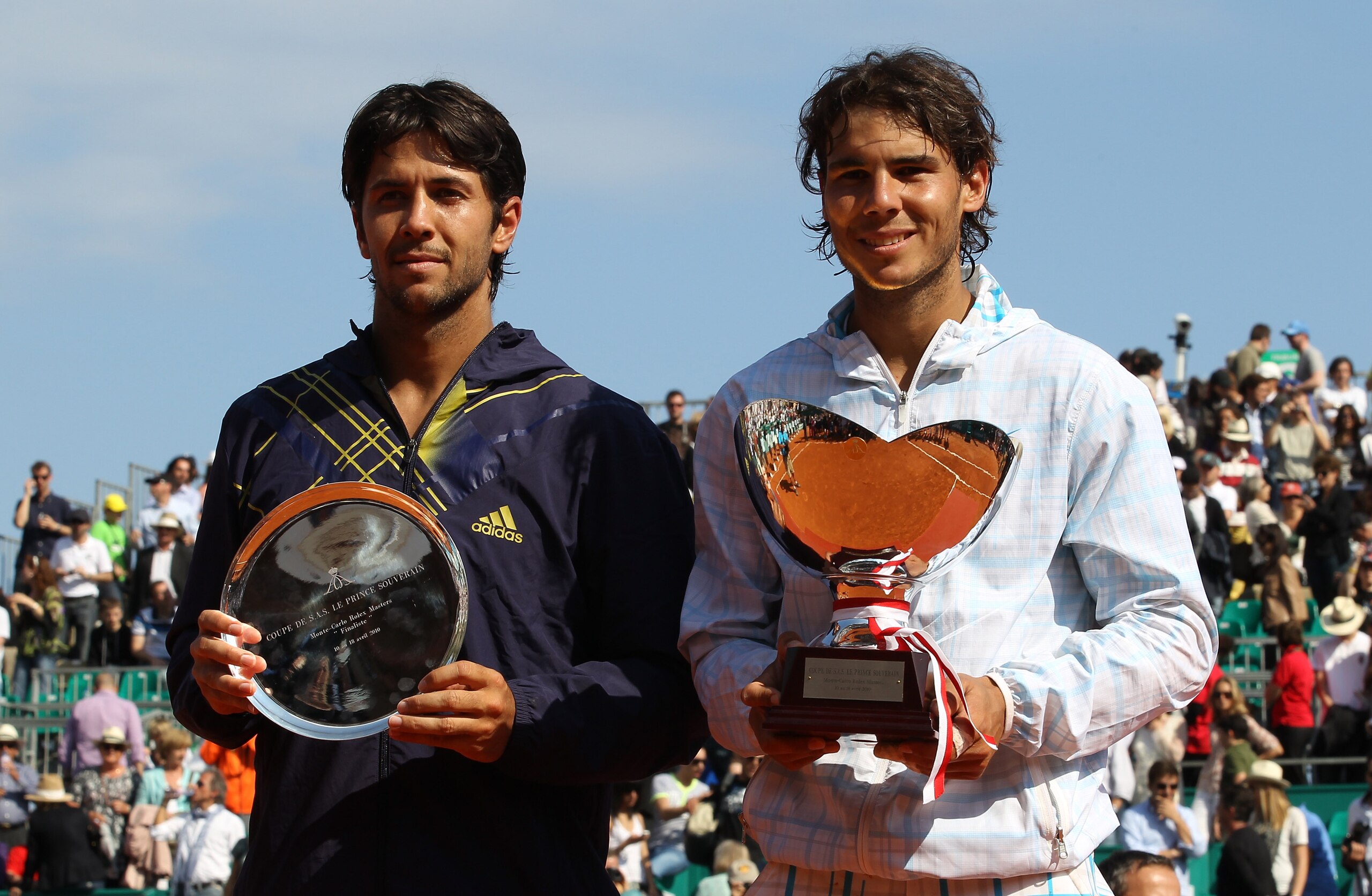 MONTE CARLO, MONACO - APRIL 18:  Rafael Nadal of Spain with Fernando Verdasco of Spain after the final during day Seven of the ATP Masters Series at the Monte Carlo Country Club on April 18, 2010 in Monte Carlo, Monaco.  (Photo by Julian Finney/Getty Imag