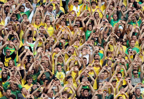 EUGENE, OR - SEPTEMBER 04: The crowd at Autzen Stadium makes some noise during the game between the Oregon Ducks and the New Mexico Lobos on September 4, 2010 in Eugene, Oregon. (Photo by Steve Dykes/Getty Images)