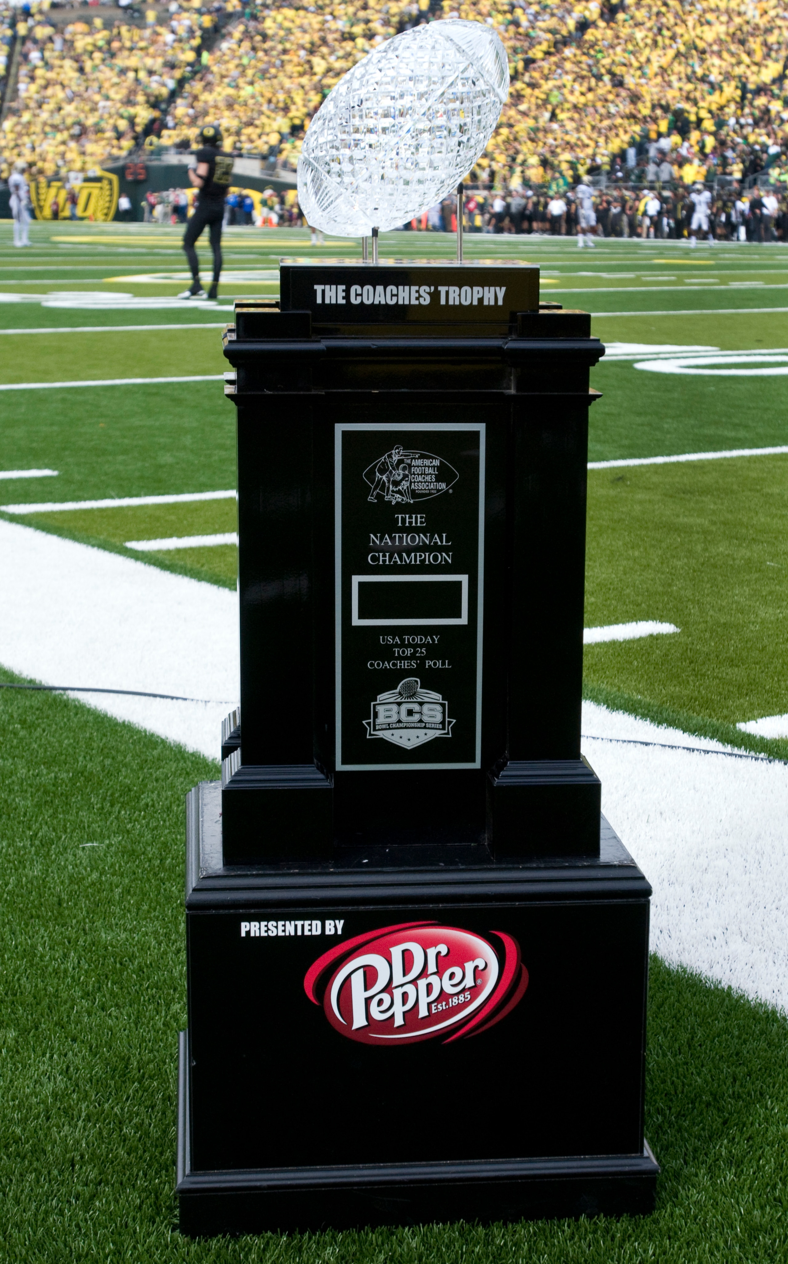 EUGENE, OR - NOVEMBER 06: The AFCA National Championship Trophy is displayed on the the field before the game between the Oregon Ducks and the Washington Huskies at Autzen Stadium on November 6, 2010 in Eugene, Oregon. (Photo by Steve Dykes/Getty Images)