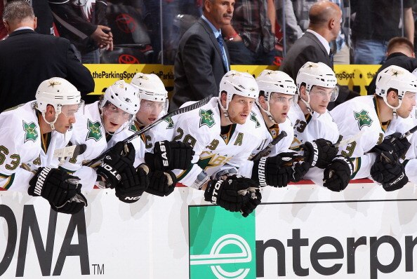 GLENDALE, AZ - MARCH 29:  The Dallas Stars watch the shoot out from the bench during the NHL game against the Phoenix Coyotes at Jobing.com Arena on March 29, 2011 in Glendale, Arizona. The Coyotes defeated the Stars 2-1 in an overtime shoot out.  (Photo