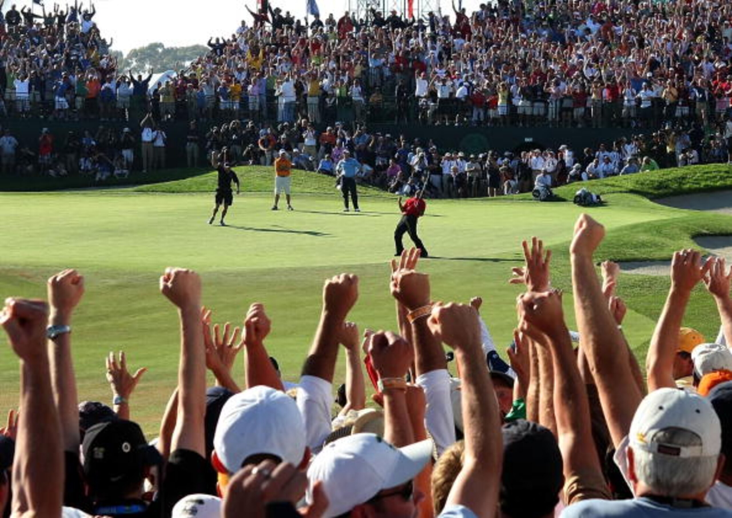 SAN DIEGO - JUNE 15:  Tiger Woods reacts to his birdie putt on the 18th green to force a playoff with Rocco Mediate during the final round of the 108th U.S. Open at the Torrey Pines Golf Course (South Course) on June 15, 2008 in San Diego, California.  (P