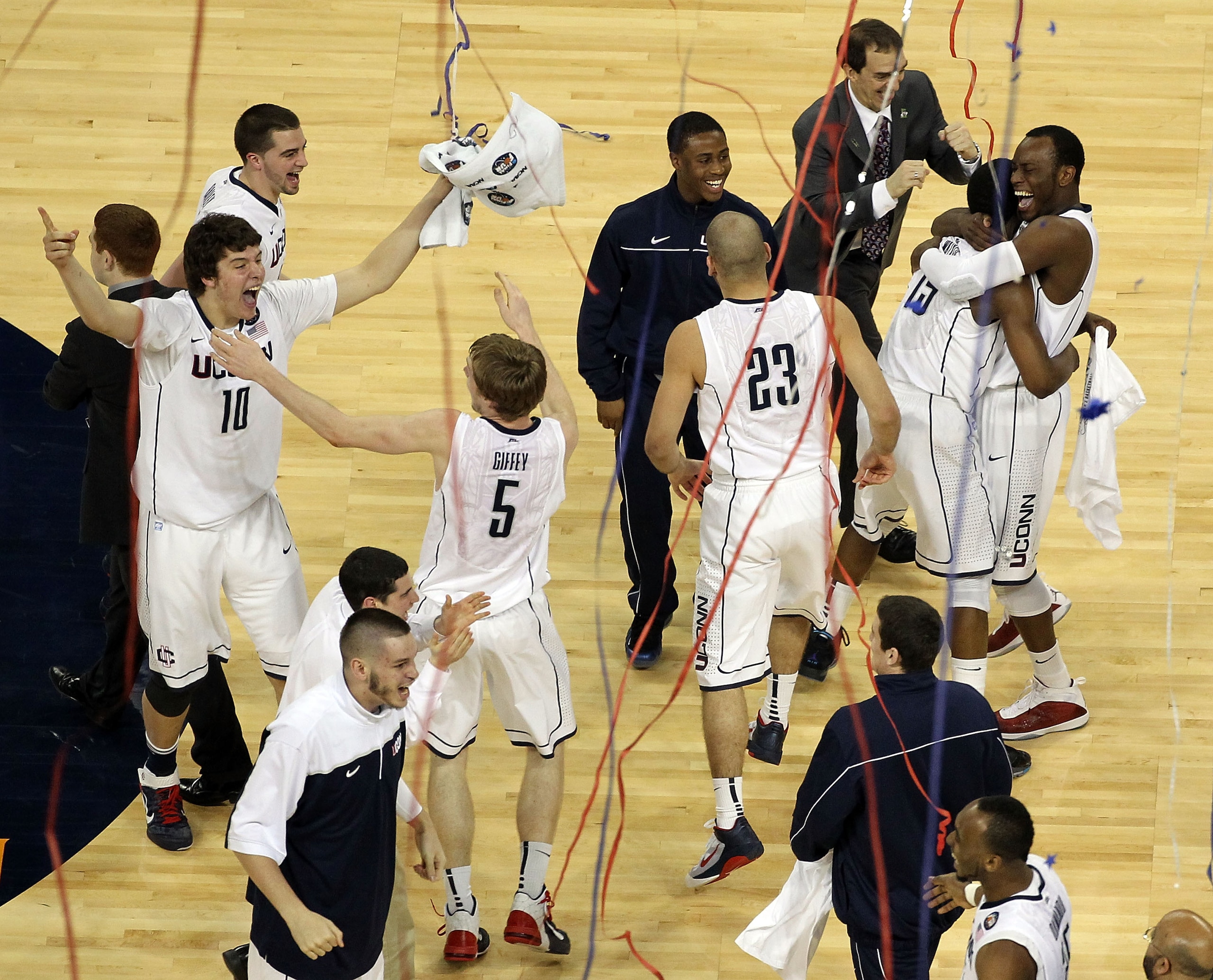 HOUSTON, TX - APRIL 04:  The Connecticut Huskies react after defeating the Butler Bulldogs to win the National Championship Game of the 2011 NCAA Division I Men's Basketball Tournament by a score of 53-41 at Reliant Stadium on April 4, 2011 in Houston, Te