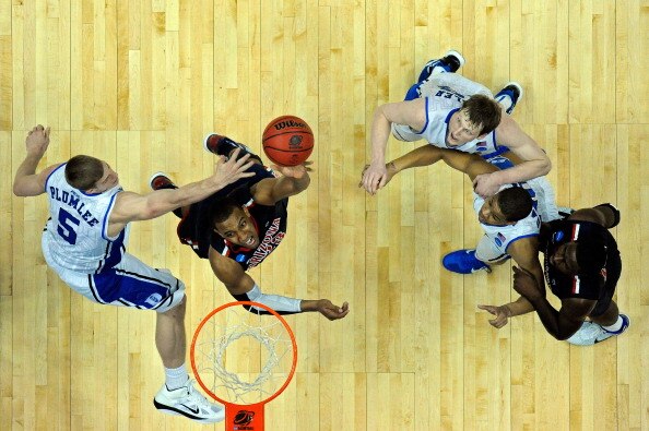 ANAHEIM, CA - MARCH 24:  Derrick Williams #23 of the Arizona Wildcats goes to the hoop against Mason Plumlee #5 of the Duke Blue Devils during the west regional semifinal of the 2011 NCAA men's basketball tournament at the Honda Center on March 24, 2011 i