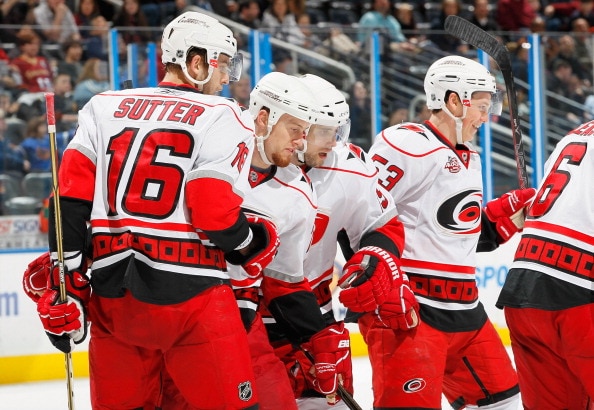 ATLANTA, GA - FEBRUARY 13:  Joe Corvo #77 of the Carolina Hurricanes celebrates his goal against the Atlanta Thrashers with teammates at Philips Arena on February 13, 2011 in Atlanta, Georgia.  (Photo by Kevin C. Cox/Getty Images)