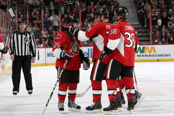 OTTAWA, CANADA - APRIL 5: Ryan Shannon #26 of the Ottawa Senators celebrates a goal with teamates Nick Foligno #71 and Erik Condra #38 against the Philadelphia Flyers at Scotiabank Place on April 5, 2011 in Ottawa, Ontario, Canada.  (Photo by Francois Lap