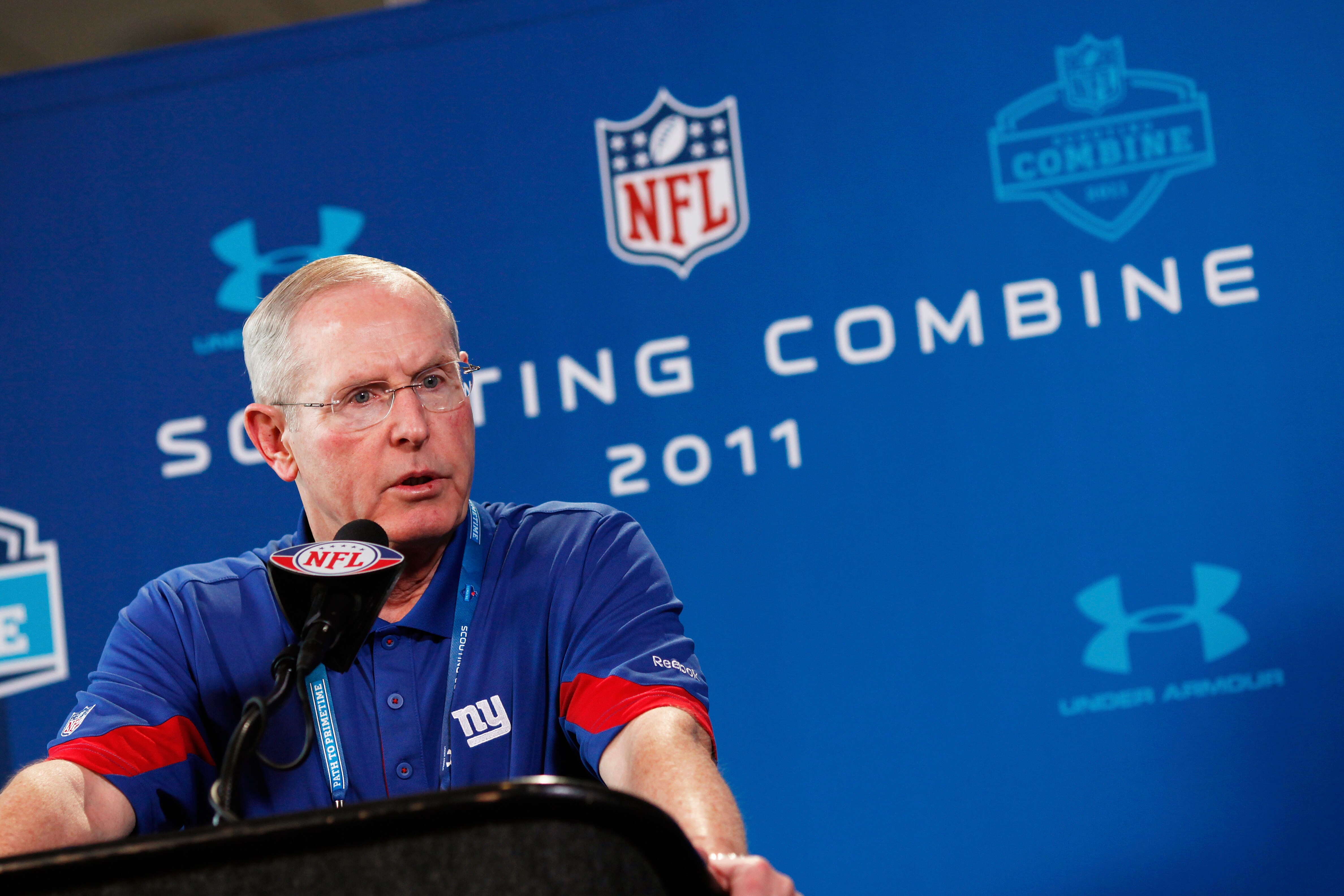 INDIANAPOLIS, IN - FEBRUARY 25: New York Giants head coach Tom Coughlin answers questions during a media session at the 2011 NFL Scouting Combine at Lucas Oil Stadium on February 25, 2011 in Indianapolis, Indiana. (Photo by Joe Robbins/Getty Images)