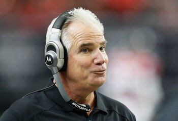ATLANTA, GA - JANUARY 02:  Head coach Mike Smith of the Atlanta Falcons celebrates in the final seconds of their 31-10 over the Carolina Panthers at Georgia Dome on January 2, 2011 in Atlanta, Georgia.  (Photo by Kevin C. Cox/Getty Images)