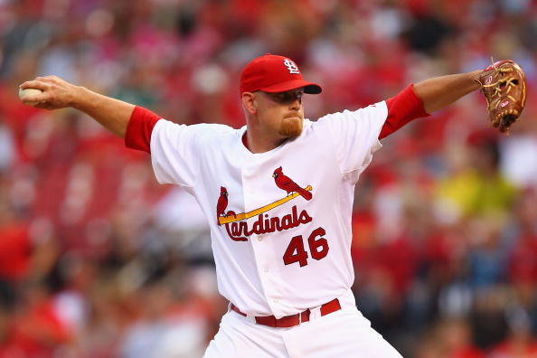 ST. LOUIS - SEPTEMBER 18: Reliever Kyle McClellan #46 of the St. Louis Cardinals pitches against the San Diego Padres at Busch Stadium on September 18, 2010 in St. Louis, Missouri.  The Padres beat the Cardinals 8-4.  (Photo by Dilip Vishwanat/Getty Image