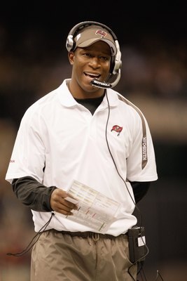 NEW ORLEANS - DECEMBER 27:  Head coach Raheem Morris of the Tampa Bay Buccaneers walks on the sidelines during the game against the New Orleans Saints at the Louisiana Superdome on December 27, 2009 in New Orleans, Louisiana. (Photo by Jamie Squire/Getty