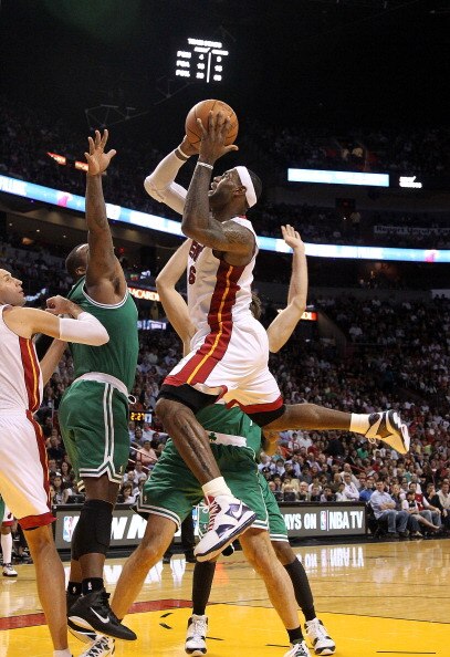 MIAMI - NOVEMBER 11:  LeBron James #6 of the Miami Heat drives during a game against the Boston Celtics at American Airlines Arena on November 11, 2010 in Miami, Florida. NOTE TO USER: User expressly acknowledges and agrees that, by downloading and/or usi