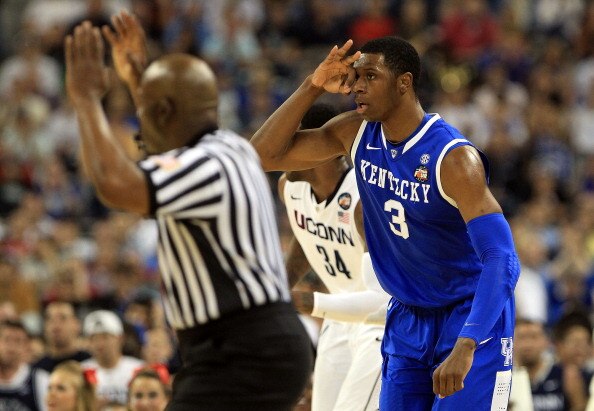 HOUSTON, TX - APRIL 02:  Terrence Jones #3 of the Kentucky Wildcats reacts after hitting a three pointer against the Connecticut Huskies during the National Semifinal game of the 2011 NCAA Division I Men's Basketball Championship at Reliant Stadium on Apr