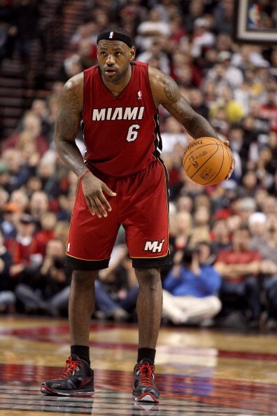 PORTLAND, OR - JANUARY 09: LeBron James #6 of the Miami Heat sets up the offense against the Portland Trail Blazers during a game on January 9, 2011 at the Rose Garden Arena in Portland, Oregon. NOTE TO USER: User expressly acknowledges and agrees that, b