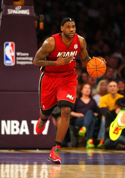 LOS ANGELES, CA - DECEMBER 25:  LeBron James #6 of the Miami Heat dribbles the ball upcourt during the NBA game against the Los Angeles Lakers at Staples Center on December 25, 2010 in Los Angeles, California. The Heat defeated the Lakers 96-80. NOTE TO U