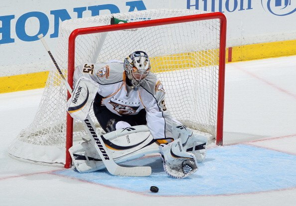 ANAHEIM, CA - JANUARY 05:  Goaltender Pekka Rinne #35 of the Nashville Predators makes a save against the Anaheim Ducks in the third period at the Honda Center on January 5, 2011 in Anaheim, California. The Predators defeated the Ducks 4-1.(Photo by Jeff
