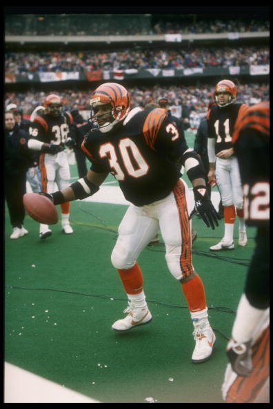 8 Jan 1989: Running back Ickey Woods of the Cincinnati Bengals celebrates during a playoff game against the Buffalo Bills at Riverfront Stadium in Cincinnati, Ohio. The Bengals won the game, 21-10.