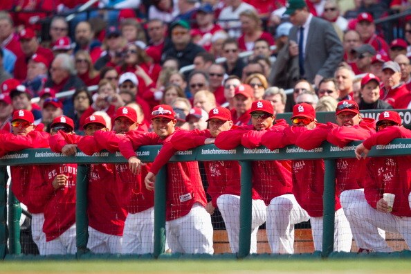 ST. LOUIS, MO - MARCH 31: Members of the St. Louis Cardinals watch the game against the San Diego Padres on opening day at Busch Stadium on March 31, 2011 in St. Louis, Missouri.  (Photo by Dilip Vishwanat/Getty Images)